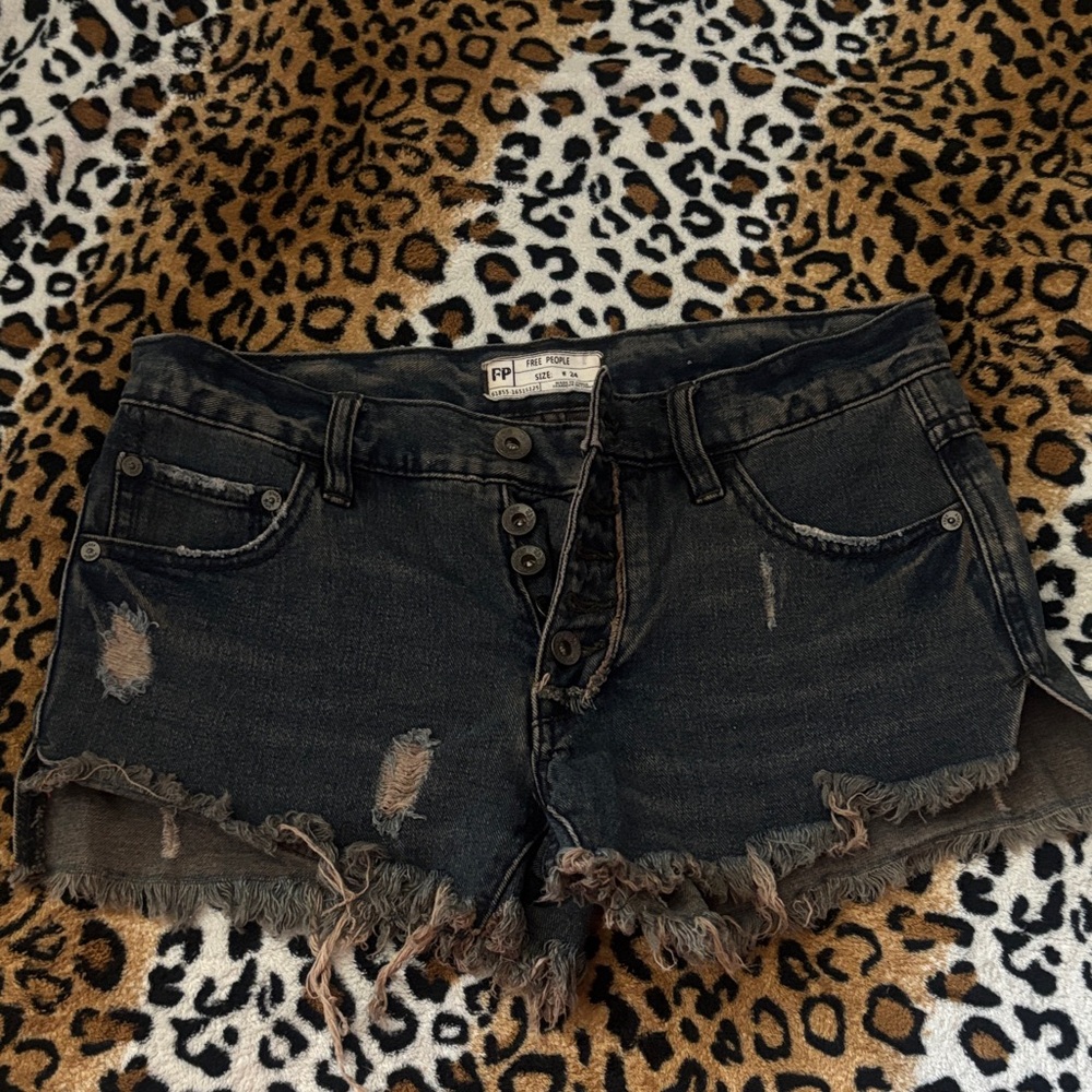 Free People Black Distressed Jean Shorts